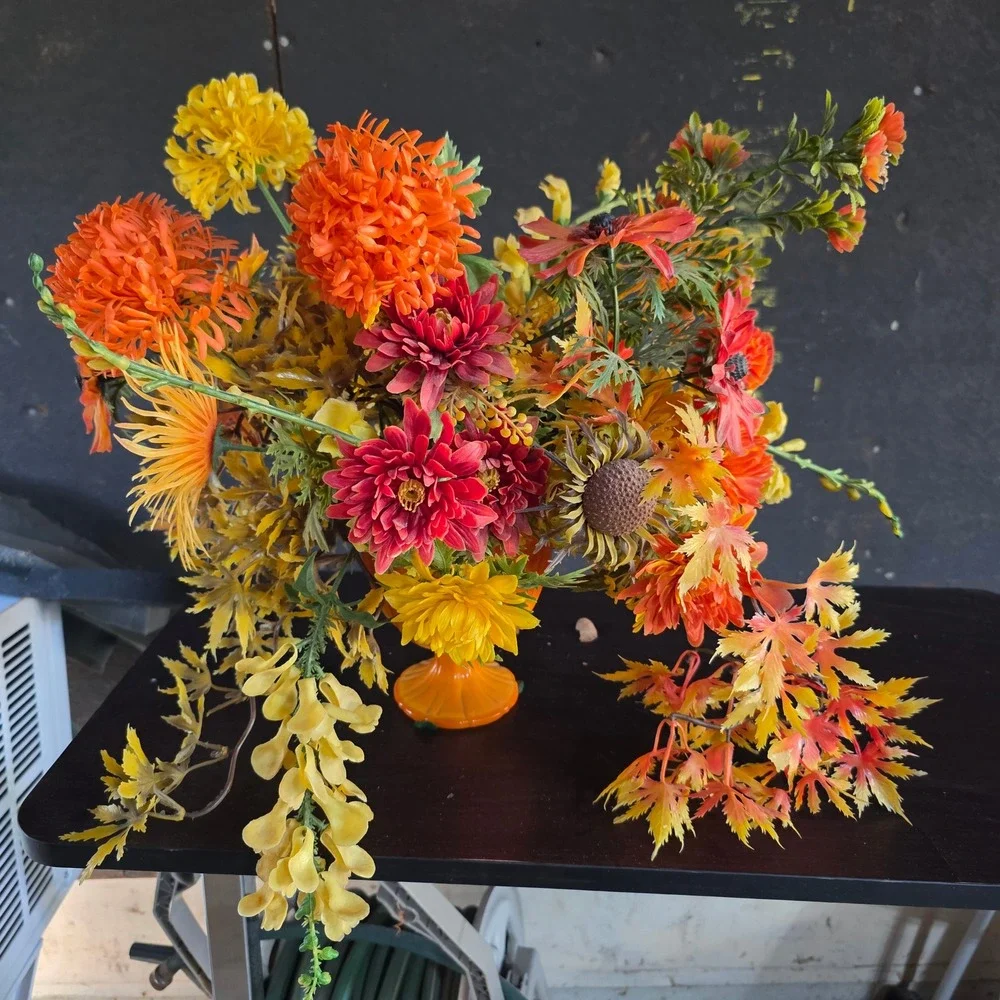 60s Plastic Flower Power Arrangement Orange Autumn Groovy in Slag Glass Vase